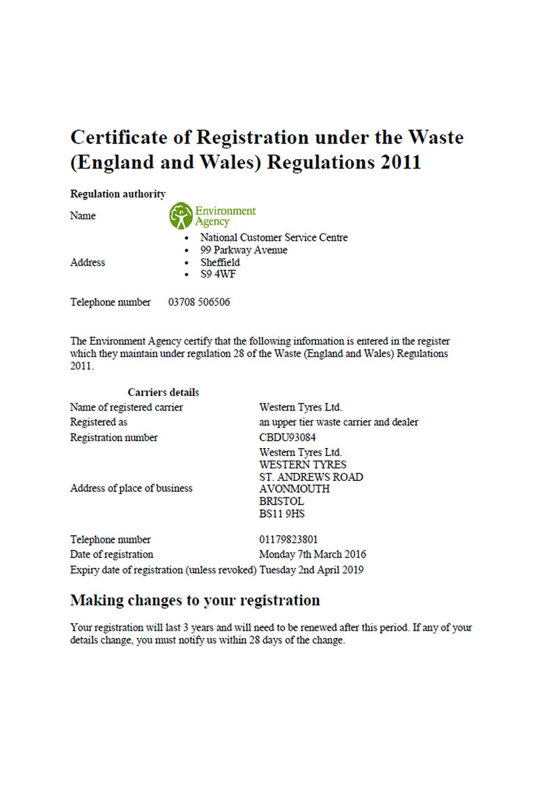 Waste Carriers Licence Western Tyres Ltd